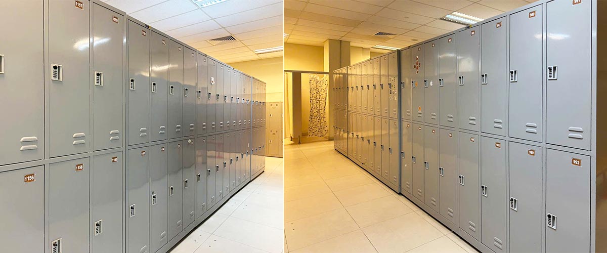 Tổng thể hệ thống tủ locker sắt lắp đặt tại phòng thay đồ nhân viên.