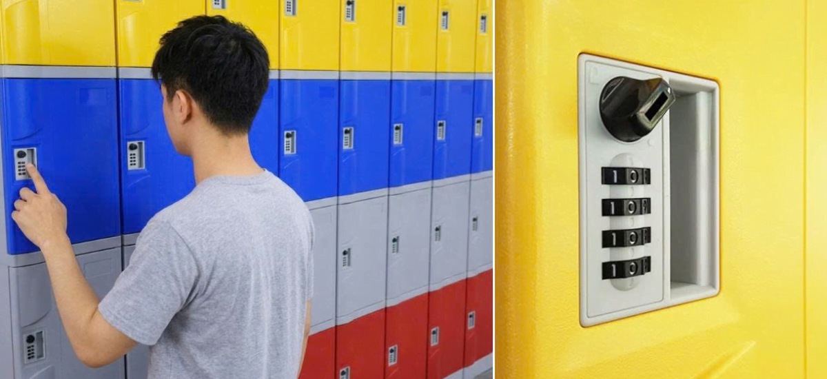 Người dùng đang thao tác mở khóa số 3S tích hợp trên tủ locker nhựa ABS N4.