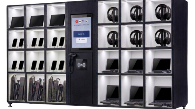 Hệ thống tủ locker tự động lưu trữ và quản lý tài sản máy tính bảng, laptop, tai nghe, thiết bị văn phòng.