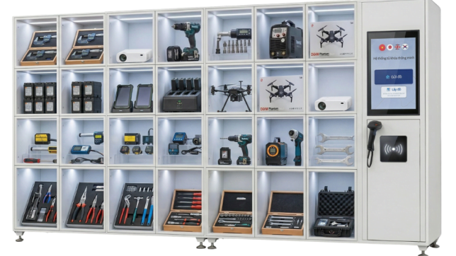 Tủ locker cấp phát vật tư tự động tích hợp màn hình cảm ứng quản lý thiết, công cụ, vật tư.
