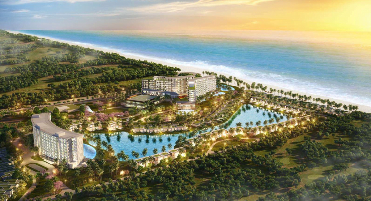 Phối cảnh toàn khu nghỉ dưỡng 5 sao Mövenpick Phú Quốc trải dài dọc bờ biển bãi Ông Lang