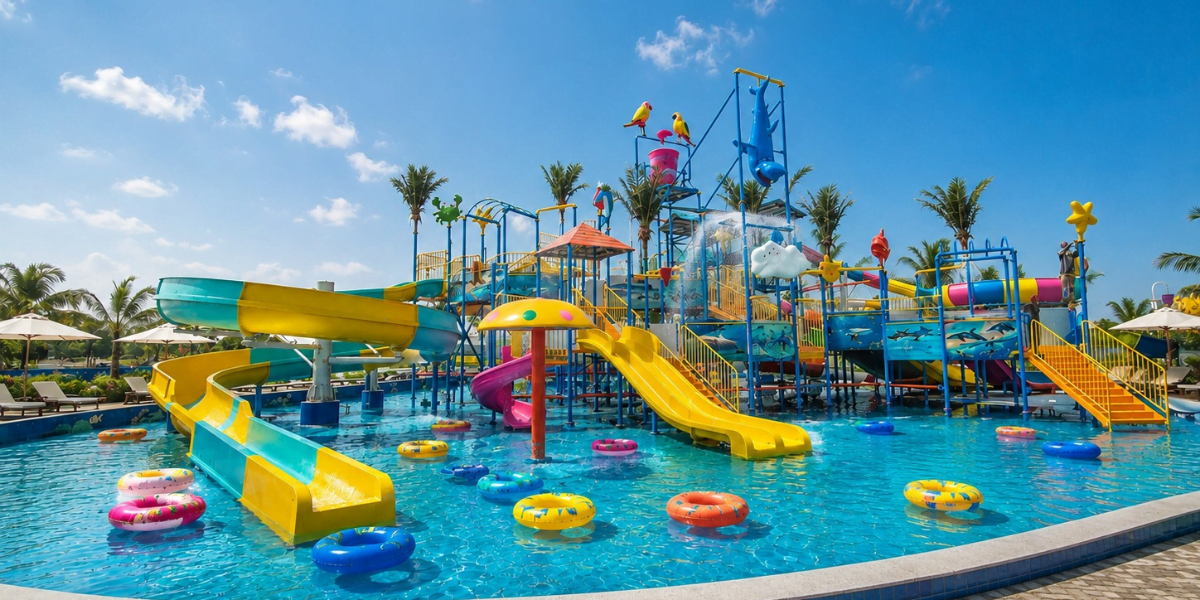 Không gian hồ bơi và khu vui chơi tại TTC Trảng Bàng Aqua Park