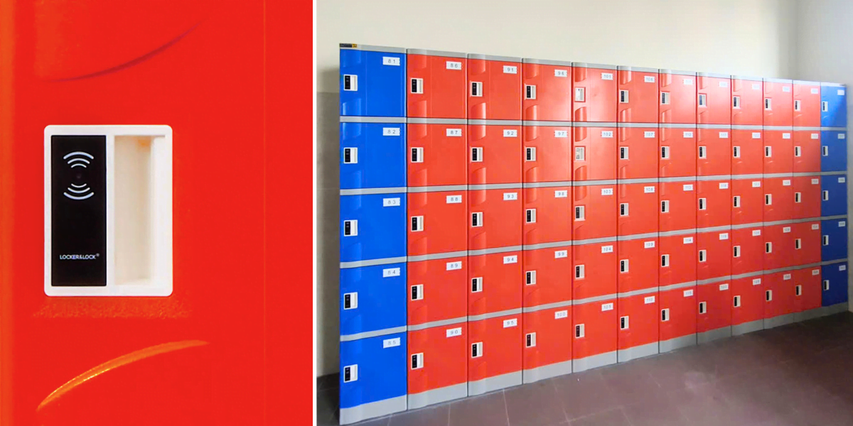 Khóa điện tử RF3000C lắp đặt trên tủ locker ABS dòng NS5